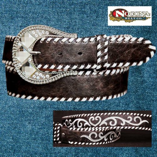 画像クリックで大きく確認できます　Click↓1: ノコナ ラインストーンバックル・ウィップステッチ&刺繍 ウエスタン ベルト（ブラウン・シルバー）/Nocona Whip-Stiched Embroidered Belt