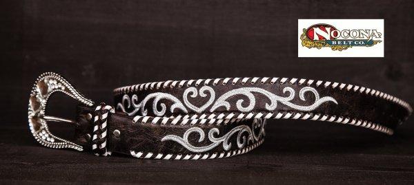 画像2: ノコナ ラインストーンバックル・ウィップステッチ&刺繍 ウエスタン ベルト（ブラウン・シルバー）/Nocona Whip-Stiched Embroidered Belt