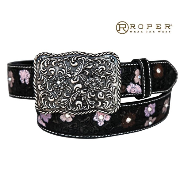 画像1: ローパー フラワー・ラインストーン ウエスタン レザー ベルト（ブラック）/Roper Western Leather Belt(Black)