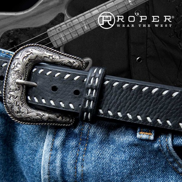 画像1: ローパー ウエスタン レザーベルト（ブラック）/Roper Western Leather Belt(Black)