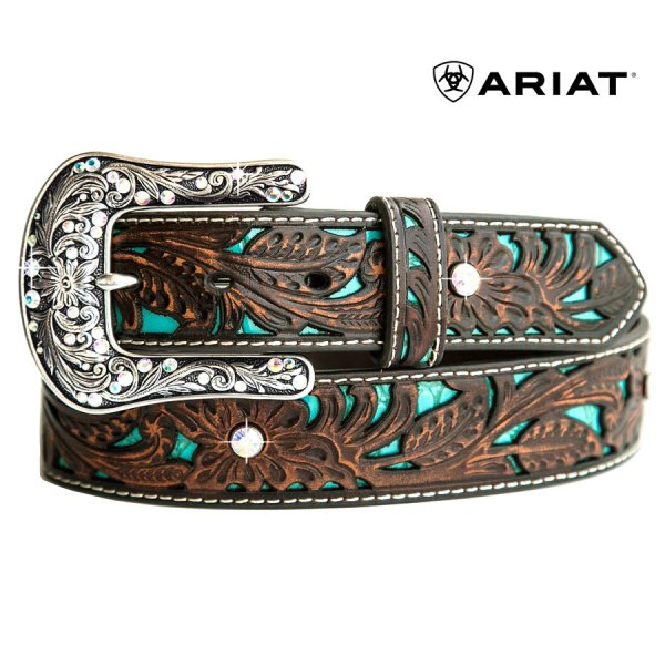 画像1: アリアット クラフト・ラインストーン レザーベルト（ブラウン・ターコイズ）/Ariat Western Leather Belt(Brown/Turquoise)