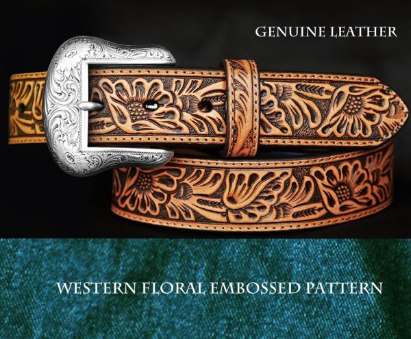 画像2: ウエスタン フローラル レザーベルト（タン）/Western Floral Embossed Leather Belt(Tan)