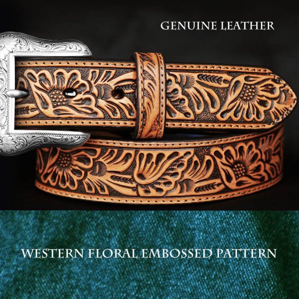 画像1: ウエスタン フローラル レザーベルト（タン）/Western Floral Embossed Leather Belt(Tan)