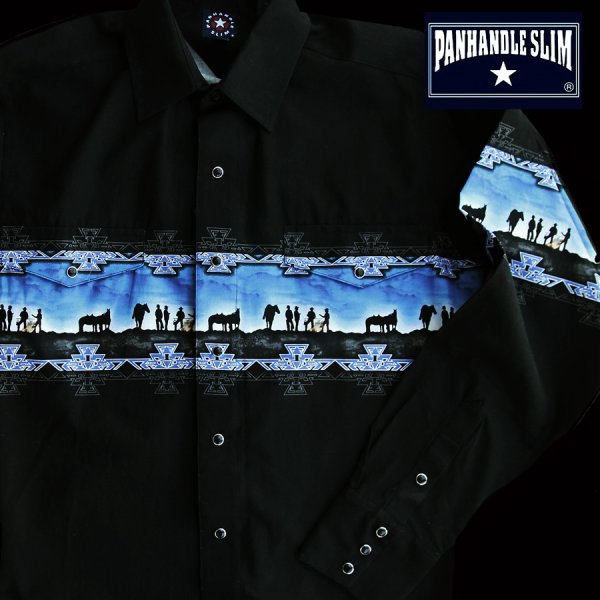 画像1: パンハンドルスリム ボーダー ウエスタンシャツ（長袖・ブラック ブルー）XL=身幅66cm/Panhandle Slim Long Sleeve Western Shirt