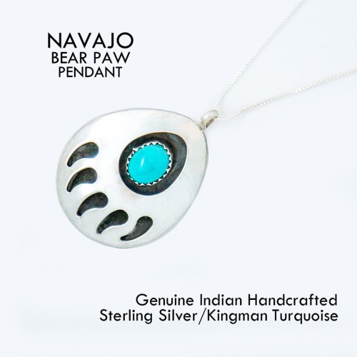 画像クリックで大きく確認できます　Click↓1: ナバホ インディアン キングマン ターコイズ・スターリングシルバー ベアパウ 熊の手 ペンダント トップ /Navajo Sterling Silver Kingman Turquoise Bear Paw Pendant