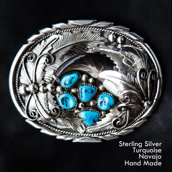 画像1: ナバホ シルバー&ターコイズ ベアクロウ ベルト バックル/Navajo Sterling Silver Turquoise Belt Buckle