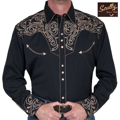 画像クリックで大きく確認できます　Click↓1: スカリー ウエスタン 刺繍 シャツ（長袖/ブラック・スクロールゴールド）/Scully Long Sleeve Embroidered Western Shirt(Men's)