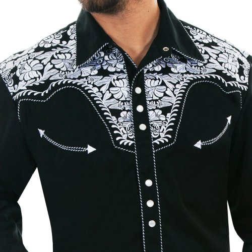 画像クリックで大きく確認できます　Click↓2: スカリー ウエスタン 刺繍 シャツ（長袖/ブラック・ホワイト）/Scully Long Sleeve Embroidered Western Shirt(Men's)