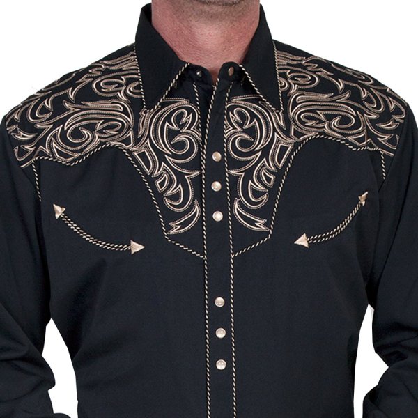 画像2: スカリー ウエスタン 刺繍 シャツ（長袖/ブラック・スクロールゴールド）/Scully Long Sleeve Embroidered Western Shirt(Men's)