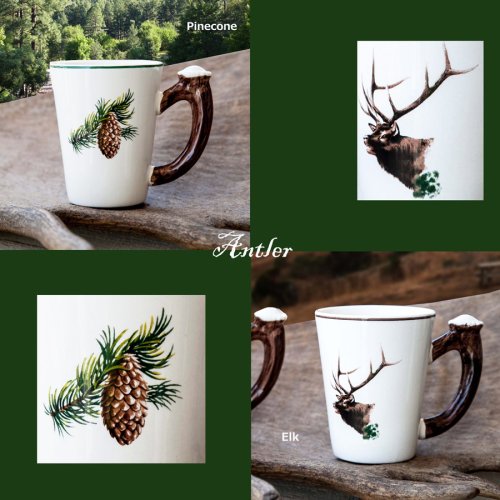 画像クリックで大きく確認できます　Click↓1: 鹿の角 エルク&パインコーン マグカップ（2個セット）/Elk&Pinecone Mug Cup(Set of Two)