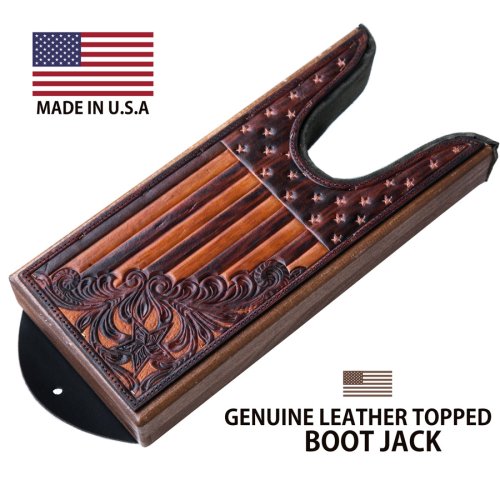画像クリックで大きく確認できます　Click↓1: レザー ブーツジャック アメリカ国旗・フローラル&スター ブラウン（ブーツ・靴を脱ぐ便利道具）/Genuine Leather Topped Boot Jack USA Flag Brown