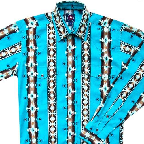画像クリックで大きく確認できます　Click↓1: パンハンドルスリム ウエスタンシャツ ターコイズ/ブラウン（長袖）/Panhandle Slim Long Sleeve Western Shirt(Turquoise/Brown)