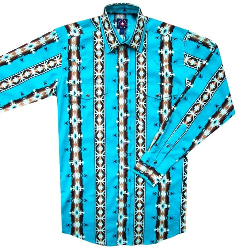 画像クリックで大きく確認できます　Click↓2: パンハンドルスリム ウエスタンシャツ ターコイズ/ブラウン（長袖）/Panhandle Slim Long Sleeve Western Shirt(Turquoise/Brown)