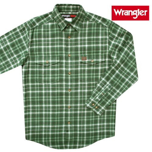 画像クリックで大きく確認できます　Click↓1: ラングラー フランネル シャツ（オリーブグリーン・長袖）/Wrangler Long Sleeve Flannel Work Shirt(Olive Green)