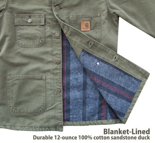 画像クリックで大きく確認できます　Click↓3: カーハート サンドストーン ブランケットラインド チョアー コート（C02 アーミーグリーン）/Carhartt Blanket Lined Sandstone Chore Coat(Army Green)