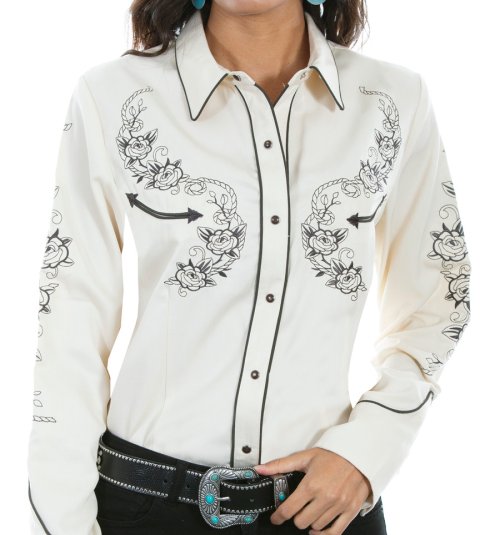 画像クリックで大きく確認できます　Click↓1: スカリー ロープ&ローズ 刺繍 ウエスタン シャツ（長袖/バニラ）M/Scully Long Sleeve Western Shirt(Women's)