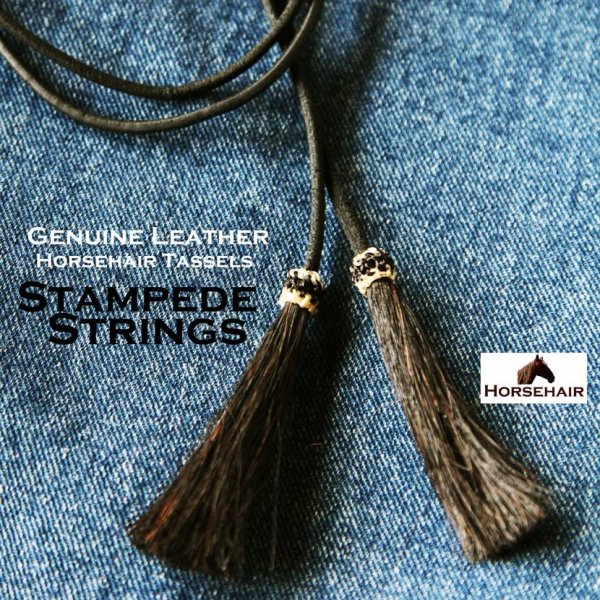 画像1: レザー ホースヘアー スタンピード ストリングス プレーン ブラック・ブラック（ハット用あごひも）/Leather w/horse Hair Stampede Strings