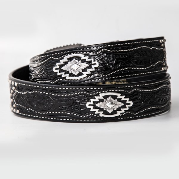 画像3: アリアット ウエスタン ベルト ハンドクラフト ブラックレザー &シルバー アズテックコンチョ/Ariat Western Leather Belt(Black/Silver)