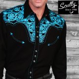 スカリー ウエスタン 刺繍 シャツ（長袖/ブラック・ターコイズ）/Scully Long Sleeve Embroidered Western Shirt(Men's)