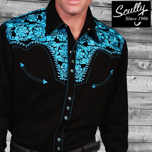 画像1: スカリー ウエスタン 刺繍 シャツ（長袖/ブラック・ターコイズ）/Scully Long Sleeve Embroidered Western Shirt(Men's)