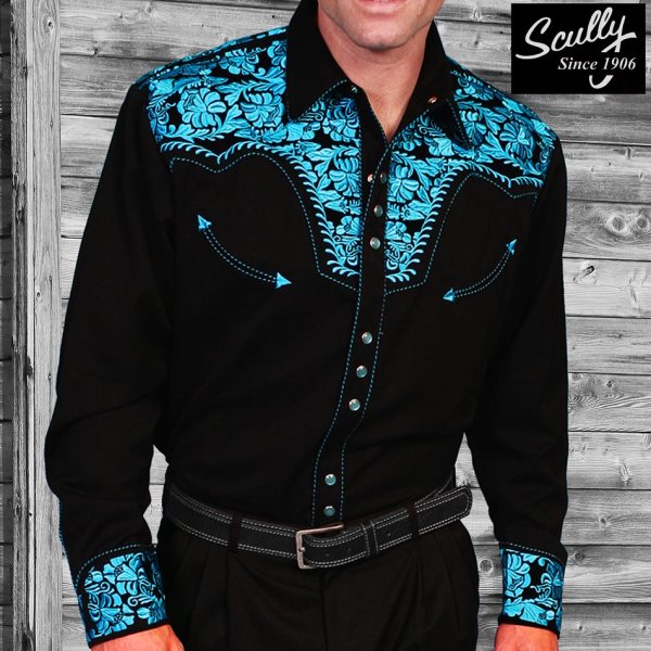 画像2: スカリー ウエスタン 刺繍 シャツ（長袖/ブラック・ターコイズ）/Scully Long Sleeve Embroidered Western Shirt(Men's)