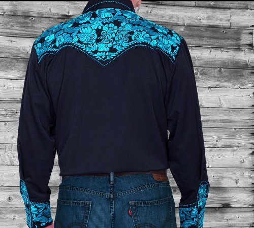 画像クリックで大きく確認できます　Click↓2: スカリー ウエスタン 刺繍 シャツ（長袖/ブラック・ターコイズ）/Scully Long Sleeve Embroidered Western Shirt(Men's)