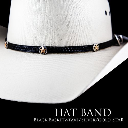 画像クリックで大きく確認できます　Click↓2: ゴールドスター レザー ハット バンド（ブラック）/Leather Hat Band(Black/Silver/Gold Star Concho)