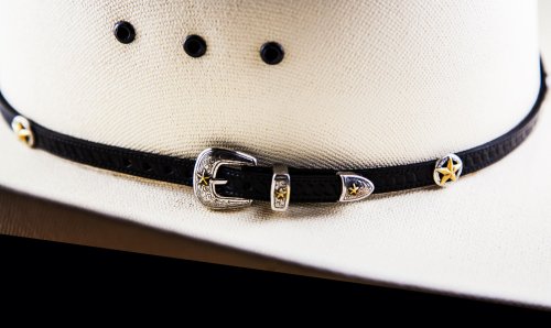 画像クリックで大きく確認できます　Click↓3: ゴールドスター レザー ハット バンド（ブラック）/Leather Hat Band(Black/Silver/Gold Star Concho)