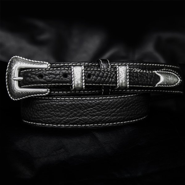 画像1: バッファロー アメリカンバイソン レザー 4ピース レンジャーベルト（ブラック）/American Bison Leather Belt(Black)