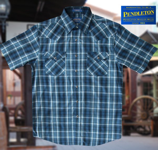 画像3: ペンドルトン 半袖 ウエスタン シャツ ブルー・ホワイトプラッドM/Pendleton Short Sleeve Western Shirt