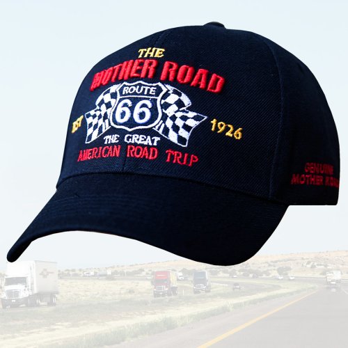 画像クリックで大きく確認できます　Click↓1: ルート66 チェッカーフラッグ 刺繍 キャップ（ブラック）/Route 66 Cap(Black) GENUINE MOTHER ROAD