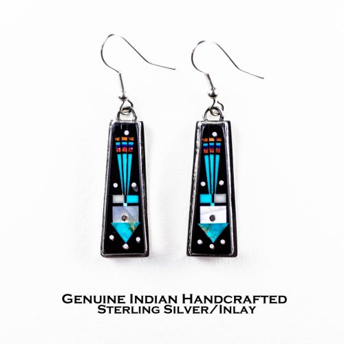 画像クリックで大きく確認できます　Click↓1: ナバホ インディアン ハンドメイド スターリングシルバー インレイ ピアス（ブラック・ターコイズ）/Navajo Handmade Sterling Silver Inlay Earrings