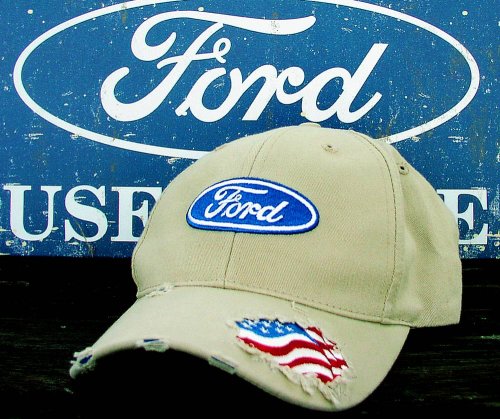 画像クリックで大きく確認できます　Click↓1: フォード ロゴ&アメリカ国旗 刺繍 ビンテージ キャップ/Ford Cap(Light Khaki)