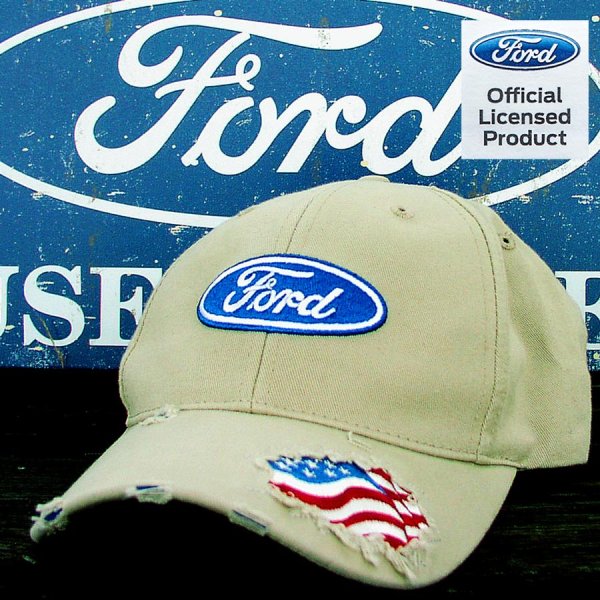画像1: フォード ロゴ&アメリカ国旗 刺繍 ビンテージ キャップ/Ford Cap(Light Khaki)