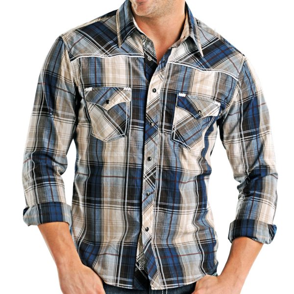 画像1: ロックンロールカウボーイ ウエスタンシャツ ブルー・ブラウン（長袖）L/Panhandle Slim Long Sleeve Western Shirt