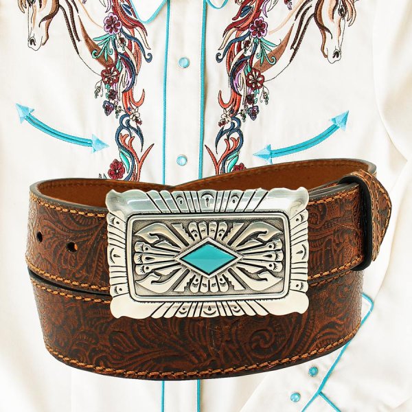 画像2: アリアット ターコイズ・シルバー ウエスタン レザーベルト（ブラウン）/Ariat Western Leaher Belt(Brown)