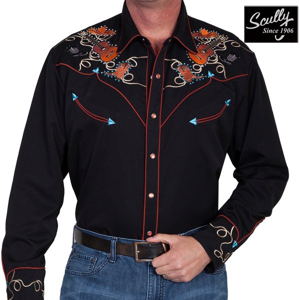 画像1: スカリー ウエスタン 刺繍 シャツ（長袖 ブラック ギター・ハット・ブーツ）/Scully Long Sleeve Embroidered Western Shirt(Men's)
