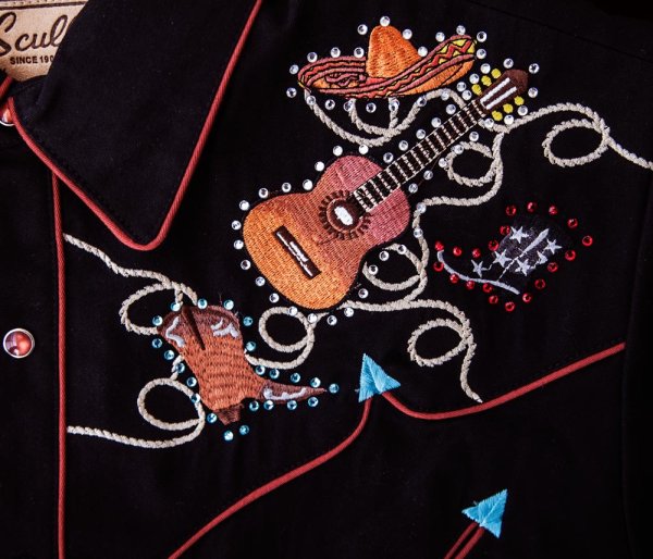 画像2: スカリー ウエスタン 刺繍 シャツ（長袖 ブラック ギター・ハット・ブーツ）/Scully Long Sleeve Embroidered Western Shirt(Men's)
