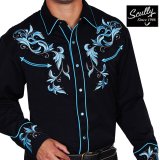 スカリー 刺繍 ウエスタン シャツ（長袖/ブラック・ブルーフローラル）/Scully Long Sleeve Embroidered Western Shirt(Men's)