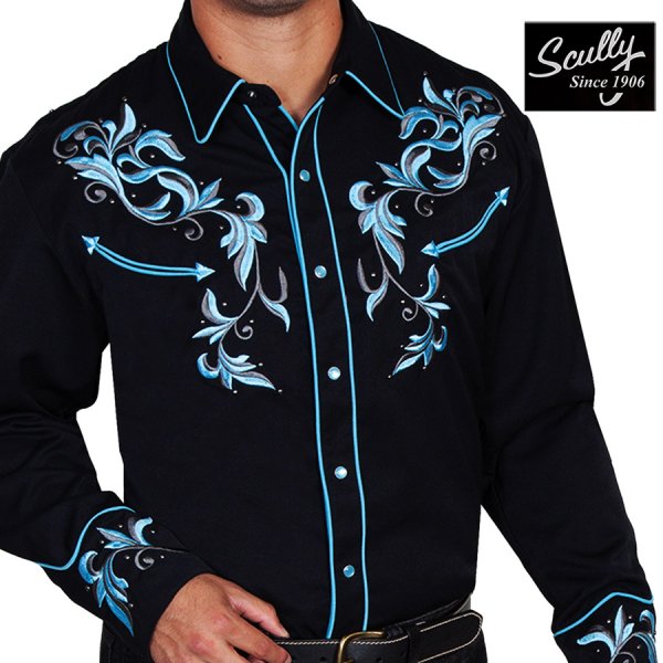 画像1: スカリー 刺繍 ウエスタン シャツ（長袖/ブラック・ブルーフローラル）/Scully Long Sleeve Embroidered Western Shirt(Men's)