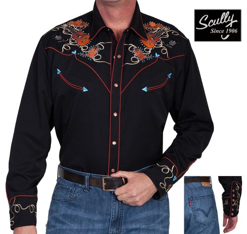 画像クリックで大きく確認できます　Click↓1: スカリー ウエスタン 刺繍 シャツ（長袖 ブラック ギター・ハット・ブーツ）/Scully Long Sleeve Embroidered Western Shirt(Men's)