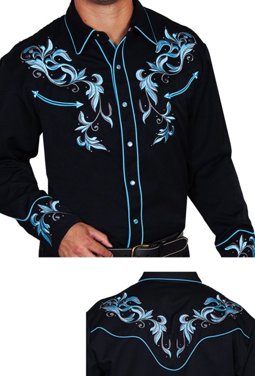 画像クリックで大きく確認できます　Click↓1: スカリー 刺繍 ウエスタン シャツ（長袖/ブラック・ブルーフローラル）/Scully Long Sleeve Embroidered Western Shirt(Men's)
