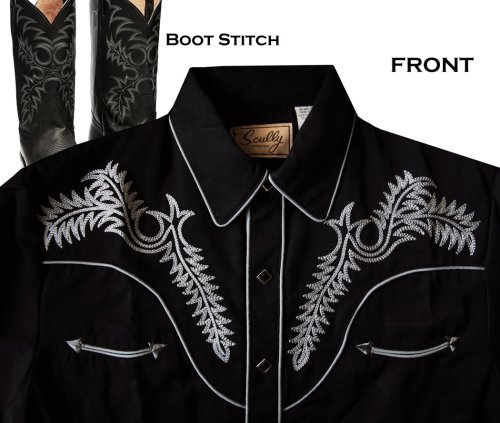 画像クリックで大きく確認できます　Click↓2: スカリー ブーツステッチ 刺繍 ウエスタン シャツ（長袖/ブラック・シルバーグレー）L（身幅63cm）/Scully Long Sleeve Boot Stitch Embroidered Western Shirt(Black)