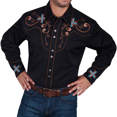 画像クリックで大きく確認できます　Click↓2: スカリー スクロール&クロス刺繍 ウエスタンシャツ（長袖/ブラック）/Scully Long Sleeve Embroidered Western Shirt(Men's)