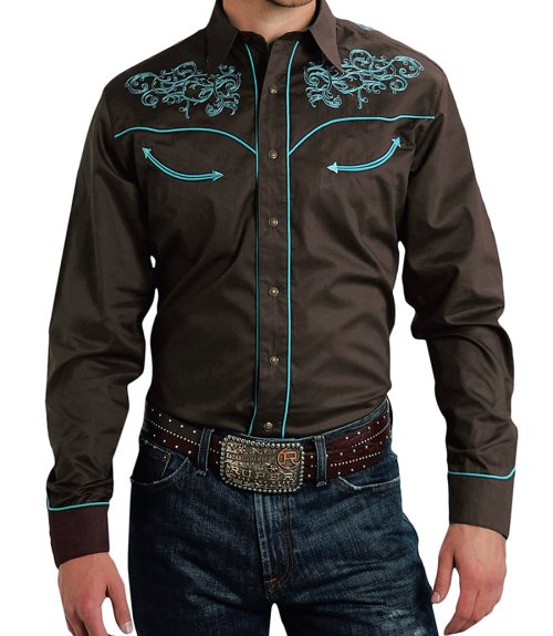 画像クリックで大きく確認できます　Click↓1: ローパー 刺繍 ウエスタン シャツ（長袖/ブラウン・ターコイズ）大きいサイズ L（身幅約60cm）/Roper Long Sleeve Embroidered Western Shirt(Brown/Turquoise)