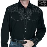 スカリー ウエスタン 刺繍 シャツ（長袖/ブラック・スクロールチャコール）大きいサイズ L（身幅約63cm）/Scully Long Sleeve Embroidered Scroll Western Shirt(Men's)