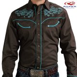 ローパー 刺繍 ウエスタン シャツ（長袖/ブラウン・ターコイズ）大きいサイズ L（身幅約60cm）/Roper Long Sleeve Embroidered Western Shirt(Brown/Turquoise)