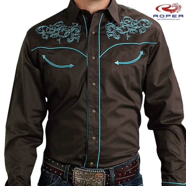 画像1: ローパー 刺繍 ウエスタン シャツ（長袖/ブラウン・ターコイズ）大きいサイズ L（身幅約60cm）/Roper Long Sleeve Embroidered Western Shirt(Brown/Turquoise)