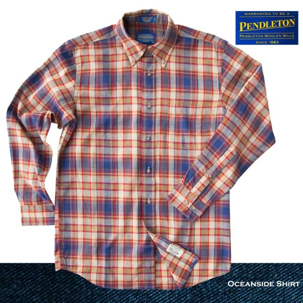 画像1: ペンドルトン オーシャンサイド シャツ ブルー・レッド・タン（長袖）S/Pendleton Long Sleeve Button-Down Shirt