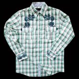 ウエスタン 刺繍 シャツ（長袖/ホワイト・グラス）大きいサイズ L（身幅約62cm）/Long Sleeve Embroidered Western Shirt(White/Grass Plaid)